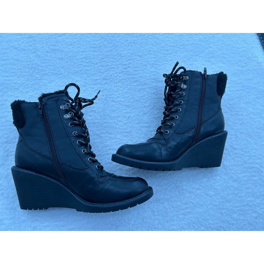 Rouge Helium Womens Black Wedge Ankle Boots Faux Fur Trim Lace Up Side‎ Zip 10